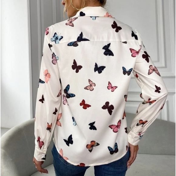 Classic Butterfly Print Button Down Up Shirt Top Blouse - Picture 2 of 6